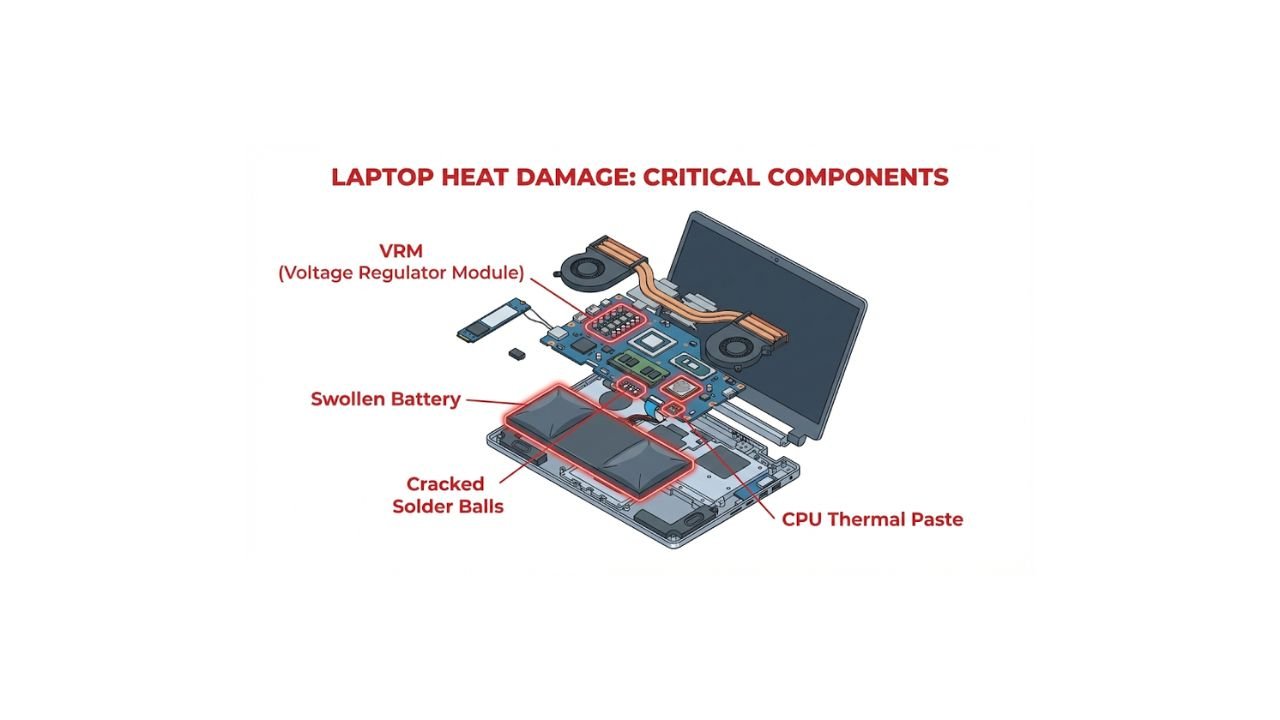 Bahaya Main Game Berat di Laptop Kentang komponen laptop yang rusak akibat panas berlebih VRM, Baterai, dan Solder.