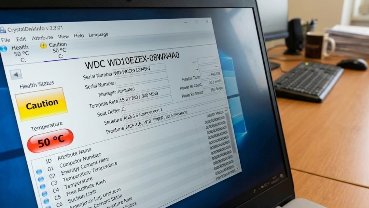 Cek Kesehatan Harddisk Dan SSD Dengan 3 Software Terbaik aplikasi CrystalDiskInfo menunjukkan status harddisk Caution atau Waspada.