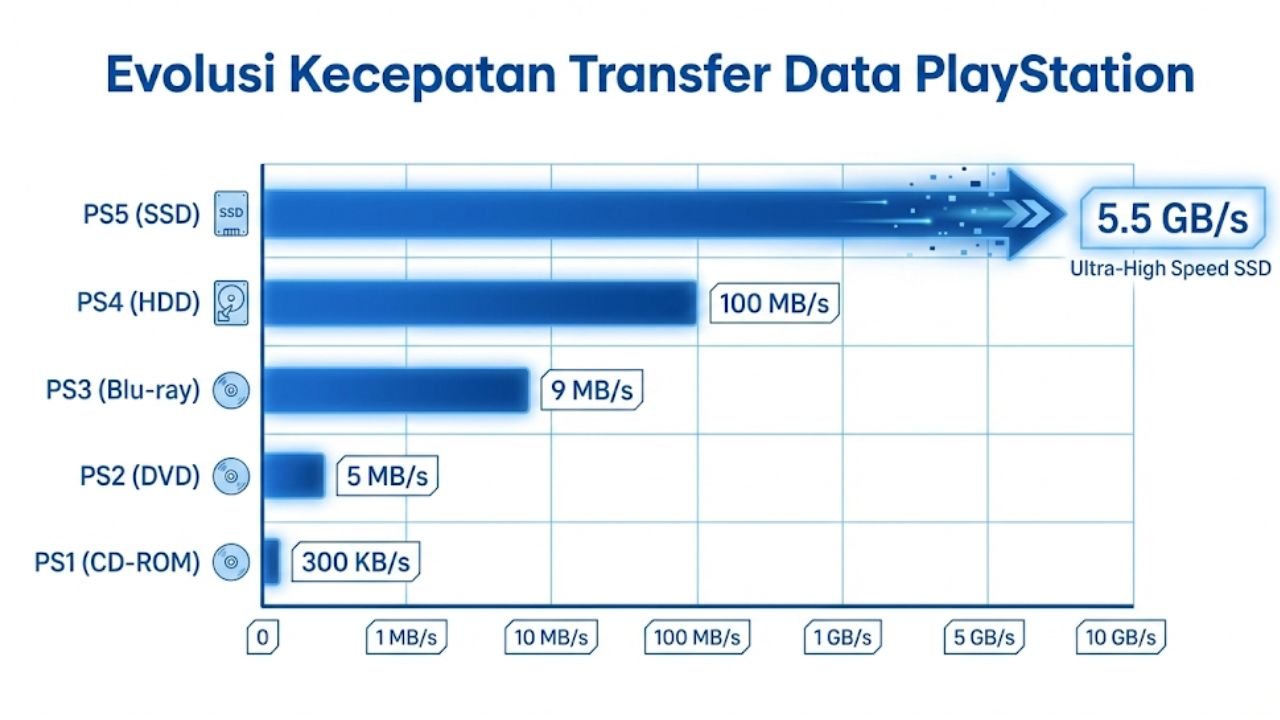 Evolusi PlayStation Dari CD 700MB ke SSD Super Cepat Grafik perbandingan kecepatan loading PS1, PS2, PS3, PS4, dan SSD PS5.