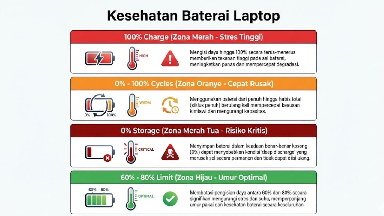 Laptop Dicas Terus Bikin Baterai Rusak hubungan status pengisian baterai dan risiko degradasi sel Lithium-Ion.